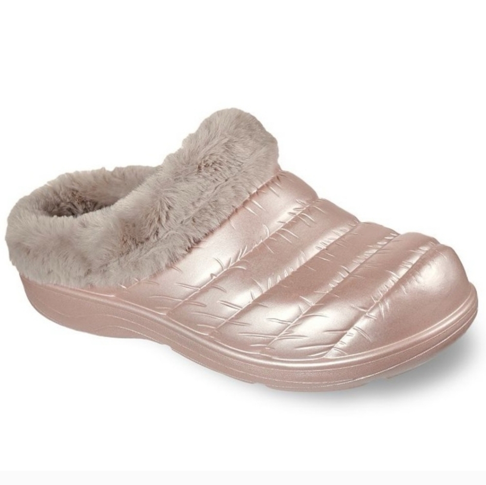 Skechers Metallic Pink Faux Fur Lined Clogs, Size 11,  Rose Gold